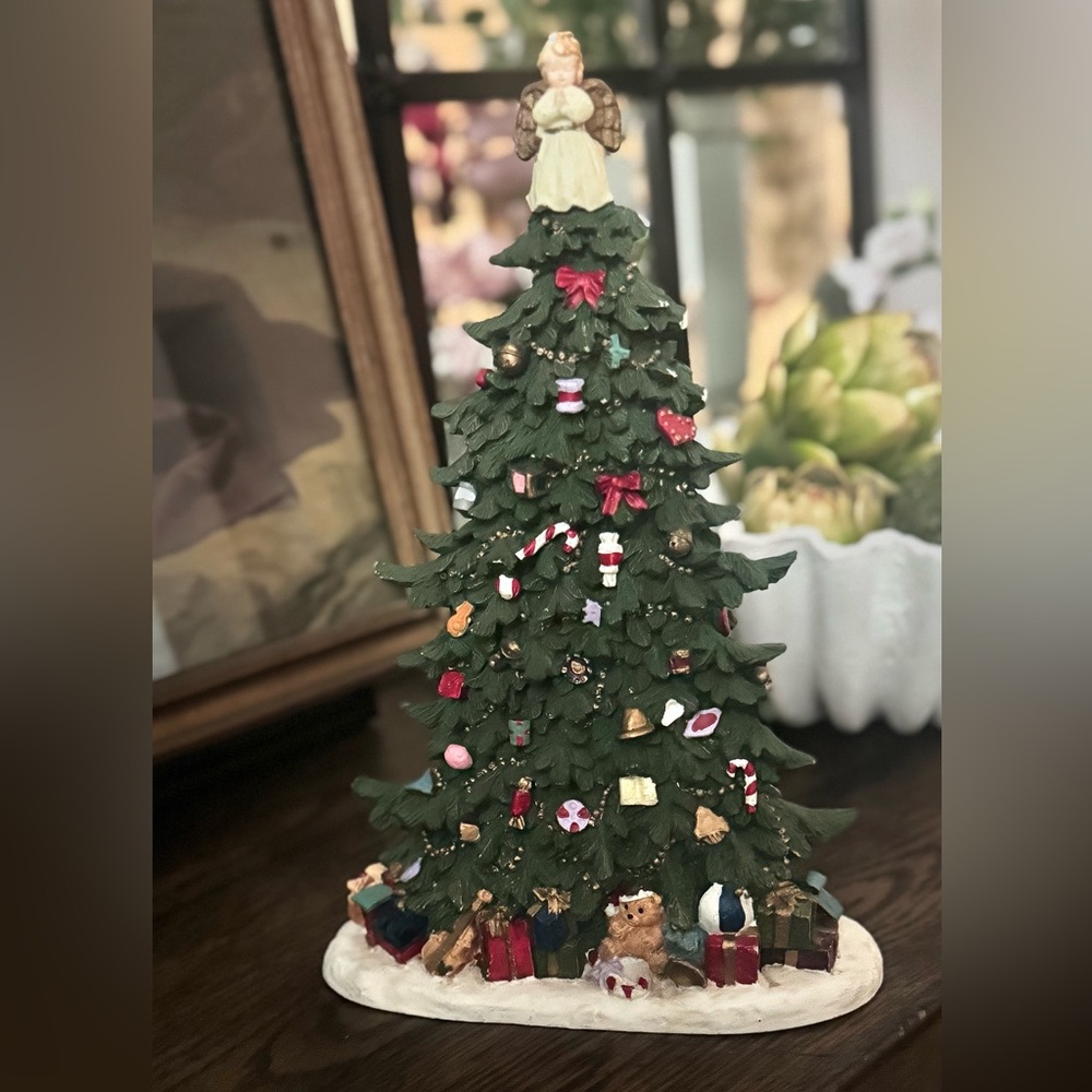 Vintage Hand Painted Resin Christmas Tree with Angel Topper